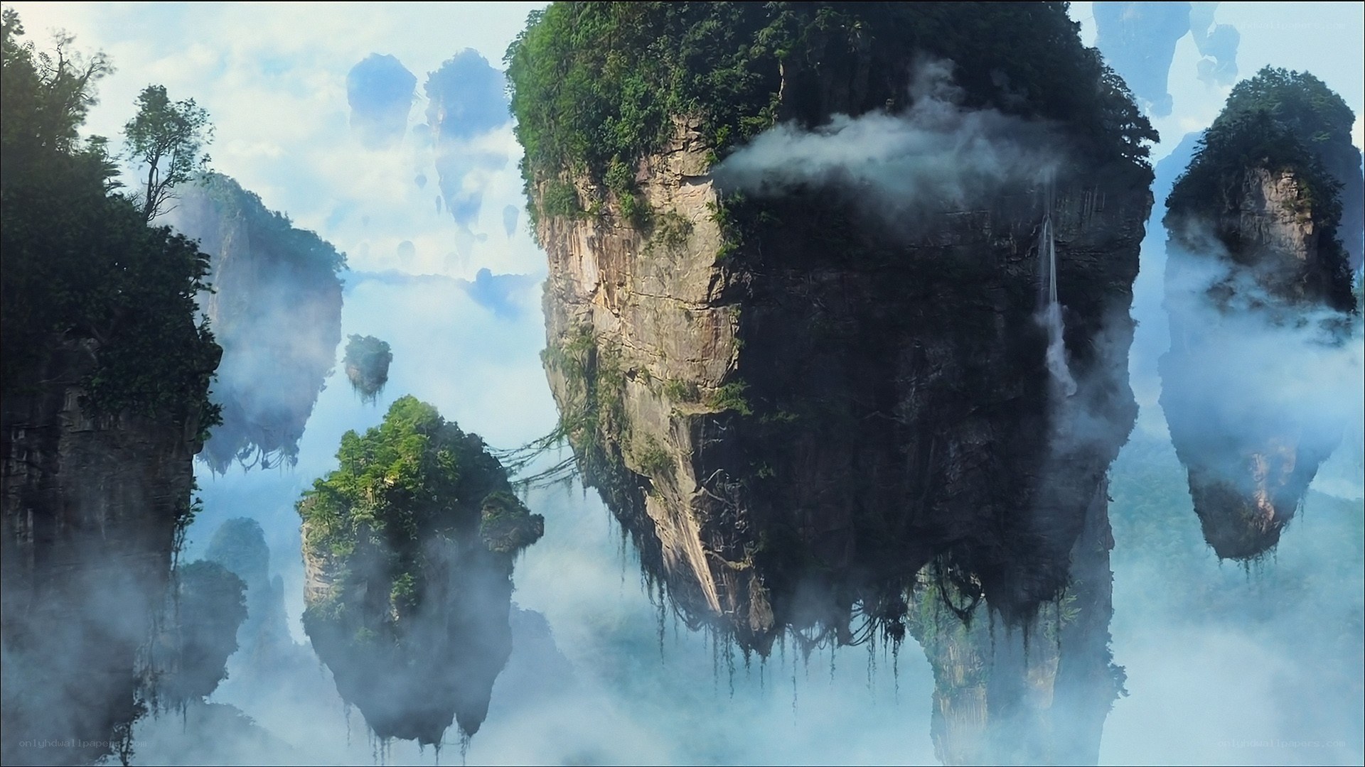 floating islands in mist