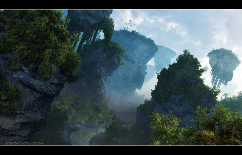 Floating Islands in Mist — Green, Serene