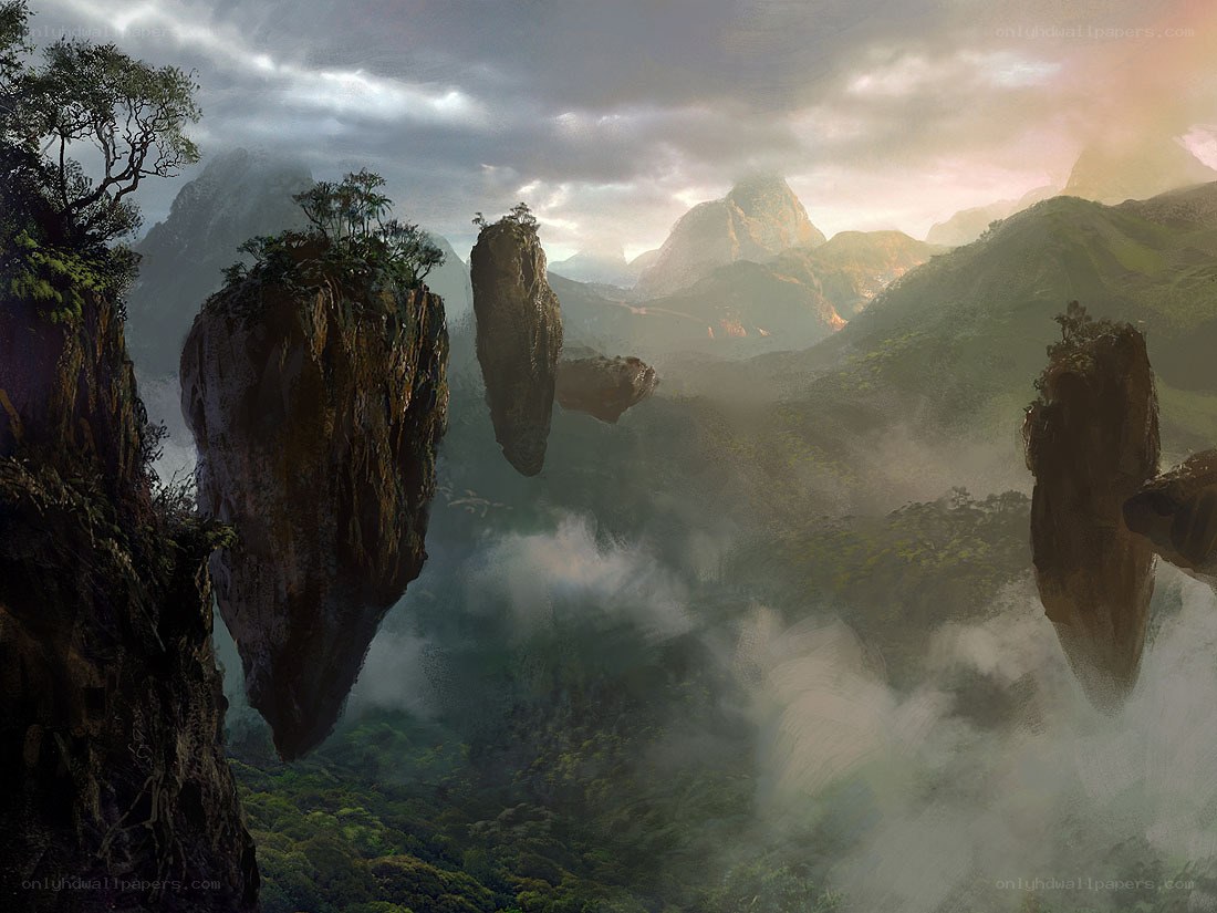 Floating islands in misty valley