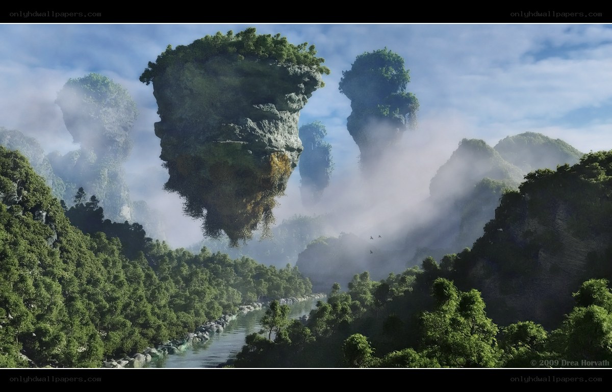 Floating islands in misty valley