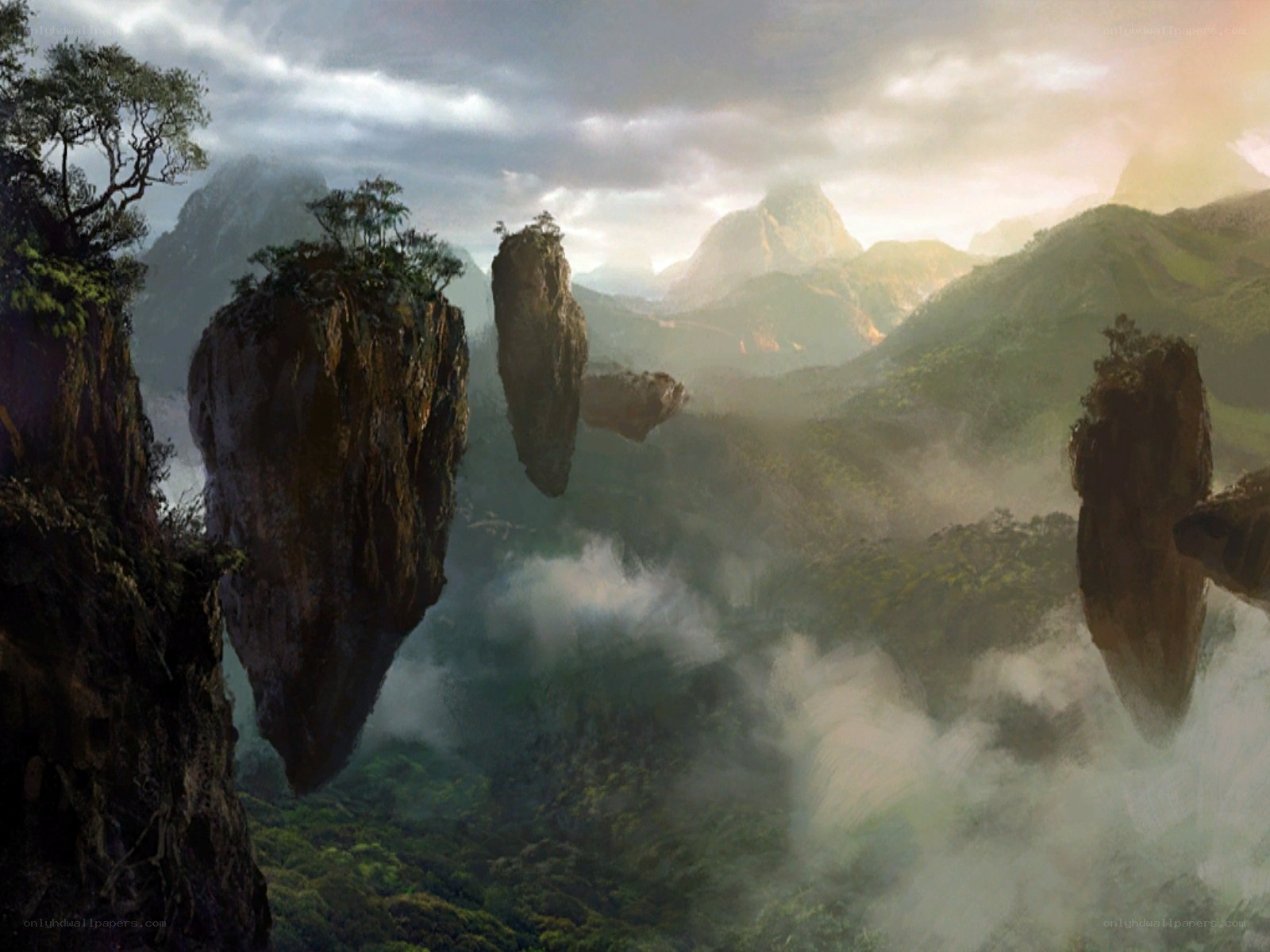 floating islands in misty valley