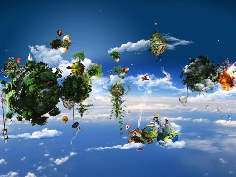 Floating Islands in Sky — Blue, Dreamy, Afternoon, Digital Art, Clouds, Hot Air Balloons