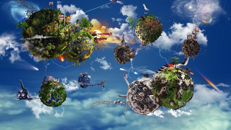Floating Islands in Sky — Blue, Fantastical, Afternoon, Digital Art, Clouds, Spacecraft