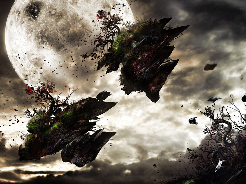 Floating Islands in Sky — Gray, Dramatic, Night, Digital Art, Moon, Crows
