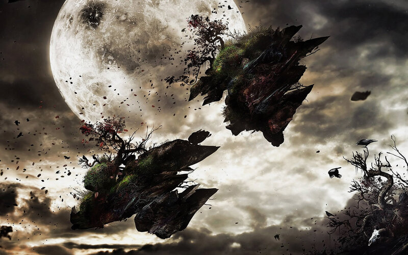 Floating Islands in Sky — Gray, Dramatic, Night, Digital Art, Moon, Crows, Trees, Black