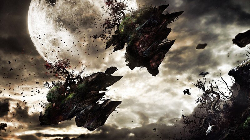 Floating Islands in Sky — Gray, Dramatic, Night, Digital Art, Moon