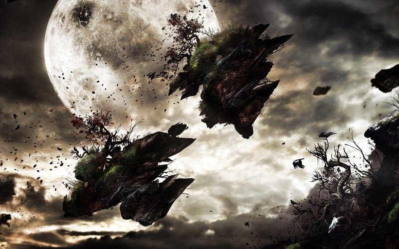 Floating Islands in Sky — Gray, Dramatic, Night, Digital Art