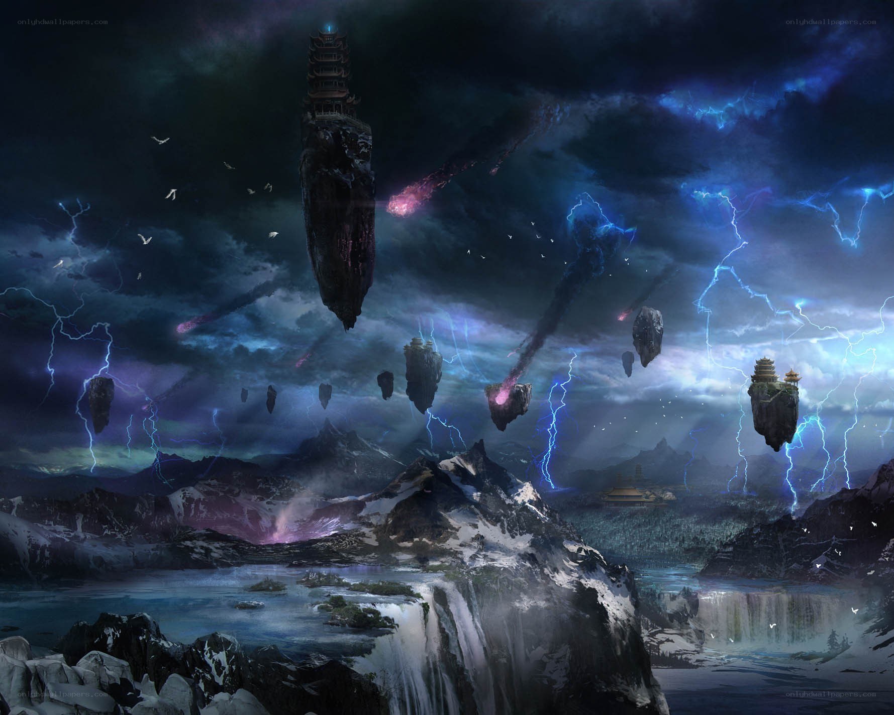 Floating islands in stormy sky