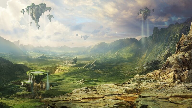 Floating Islands Landscape — Green, Serene, Afternoon, Digital Art, Mountains, Valley