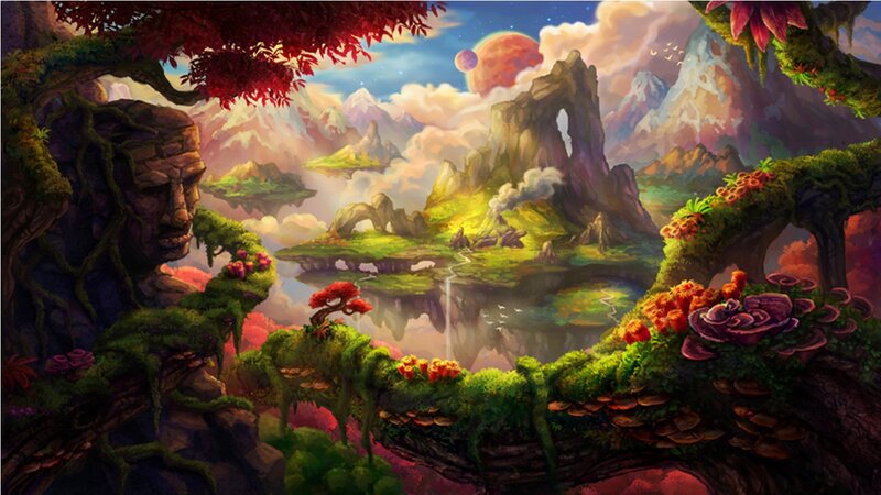 Floating Islands Landscape — Green, Serene, Sunset