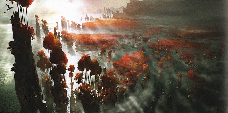 Floating Islands with Autumn Trees — Red