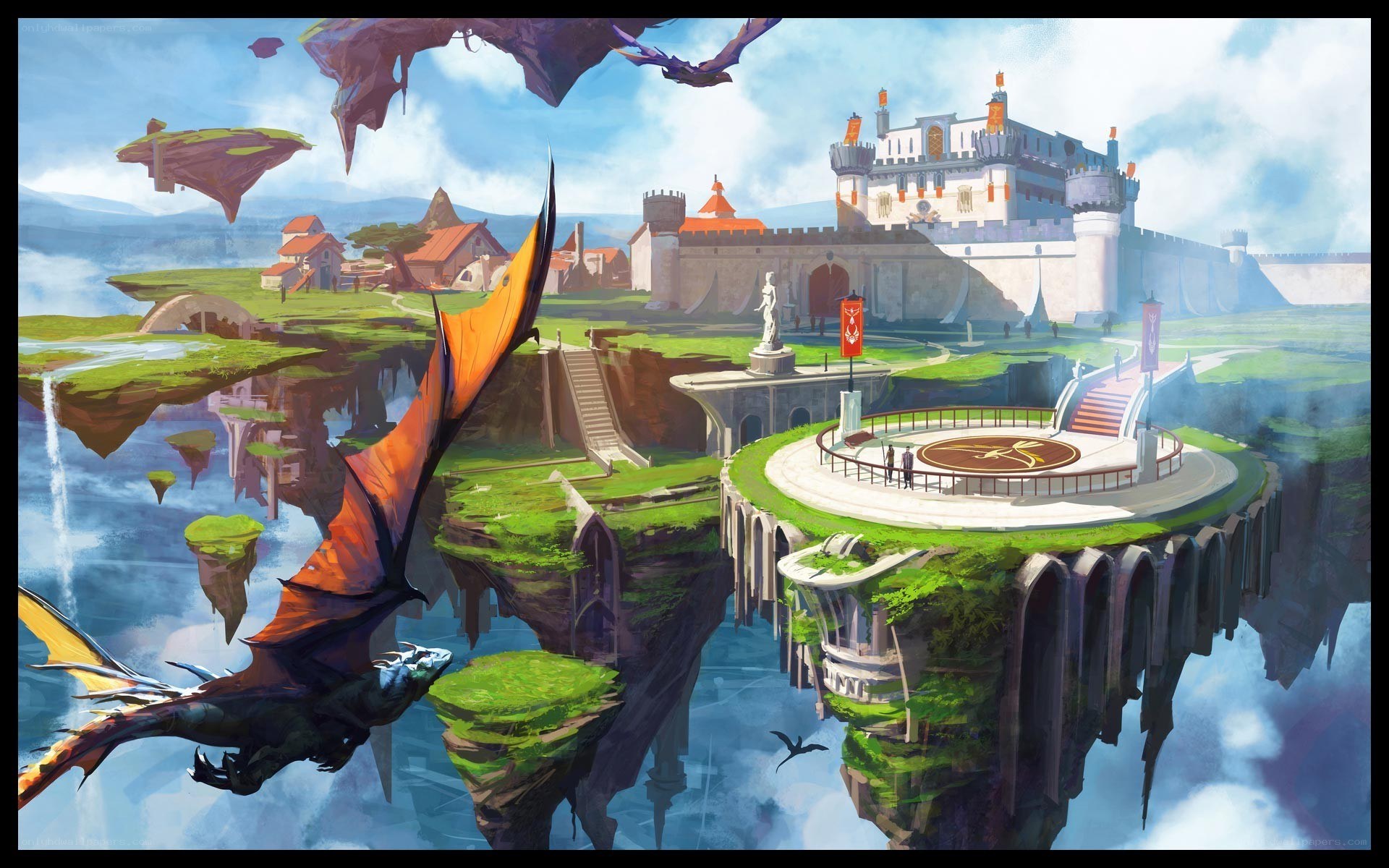 Floating islands with castle and dragon