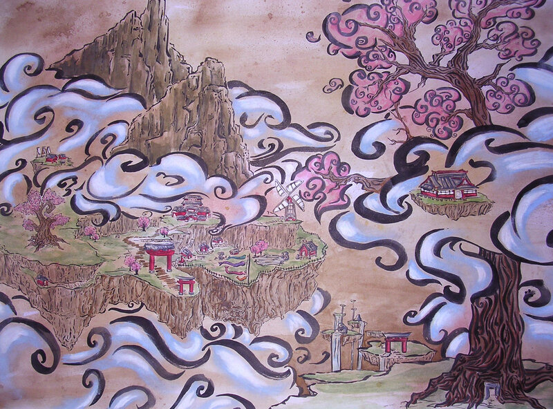 floating islands with cherry blossoms