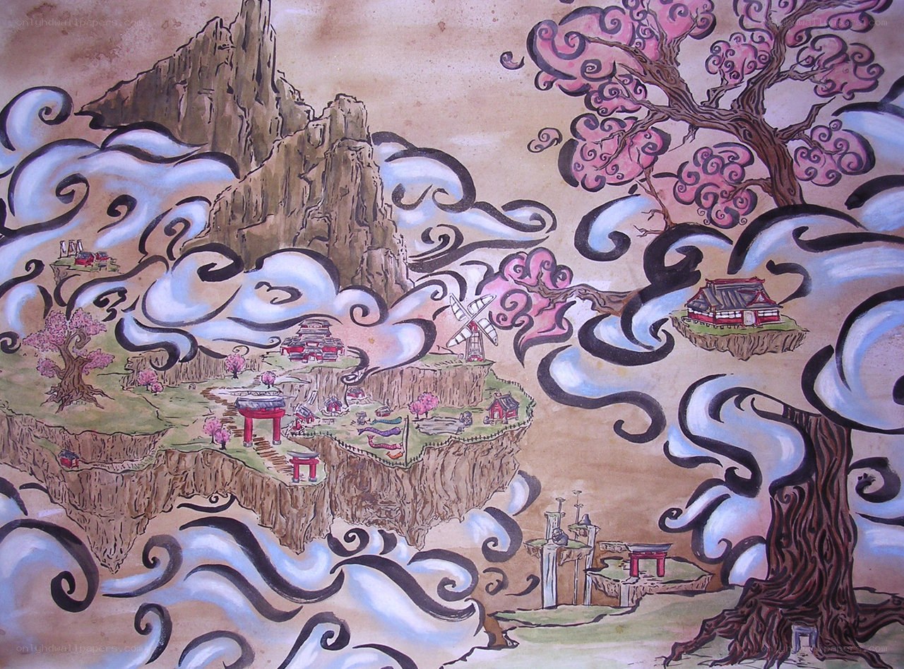 floating islands with cherry blossoms