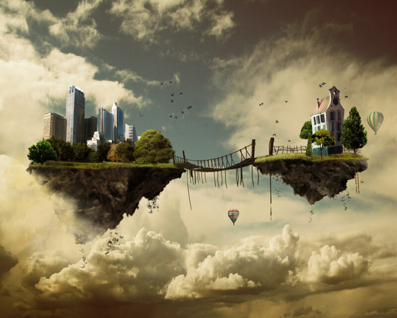 floating islands with city and house