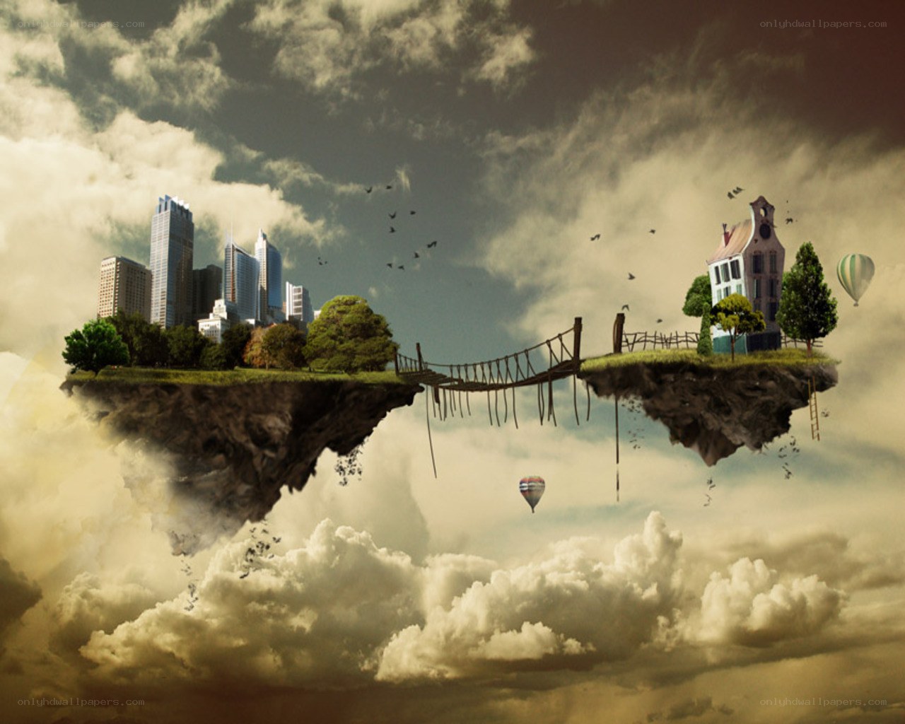 floating islands with city and house