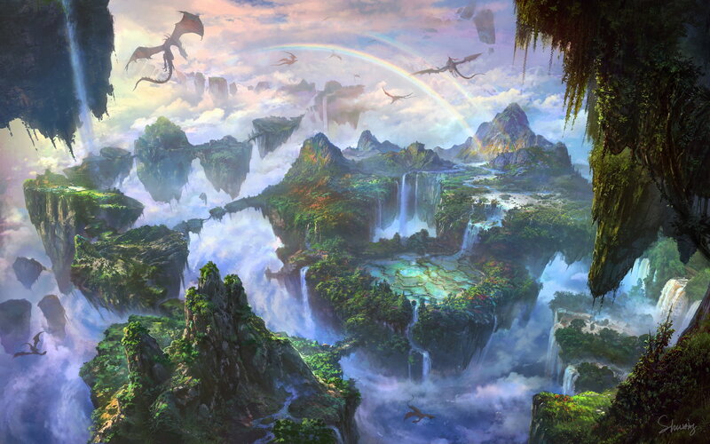 Floating Islands with Dragons — Green, Fantastical