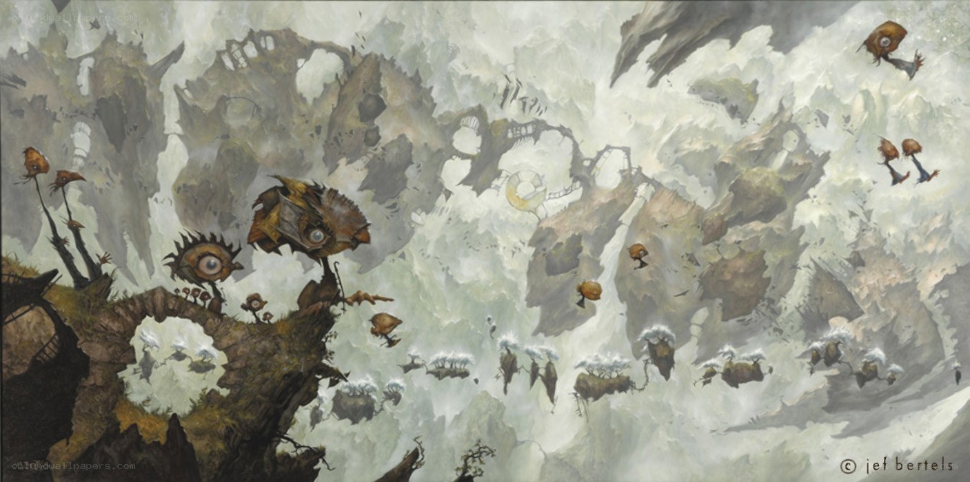 floating islands with eye creatures