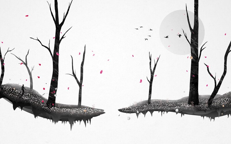 Floating islands with falling petals