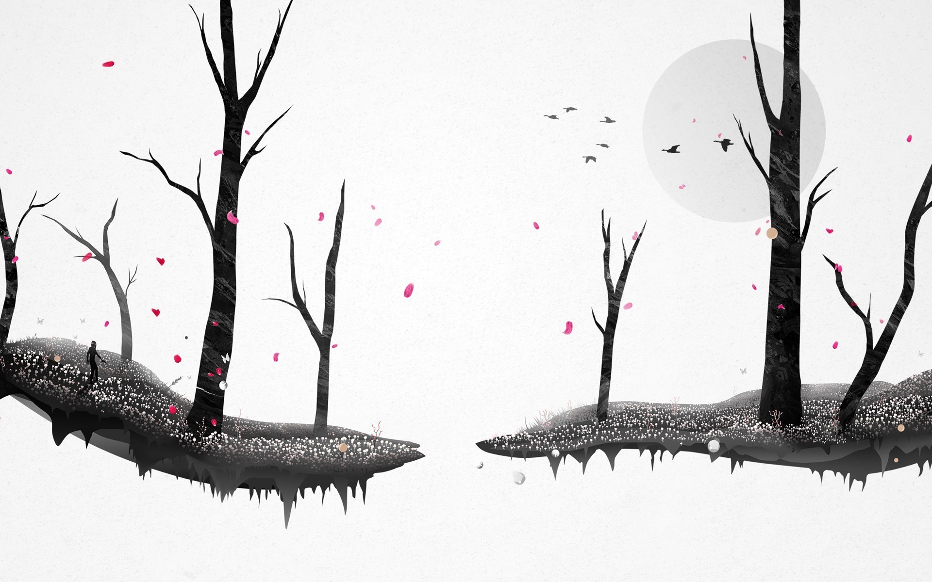 Floating islands with falling petals