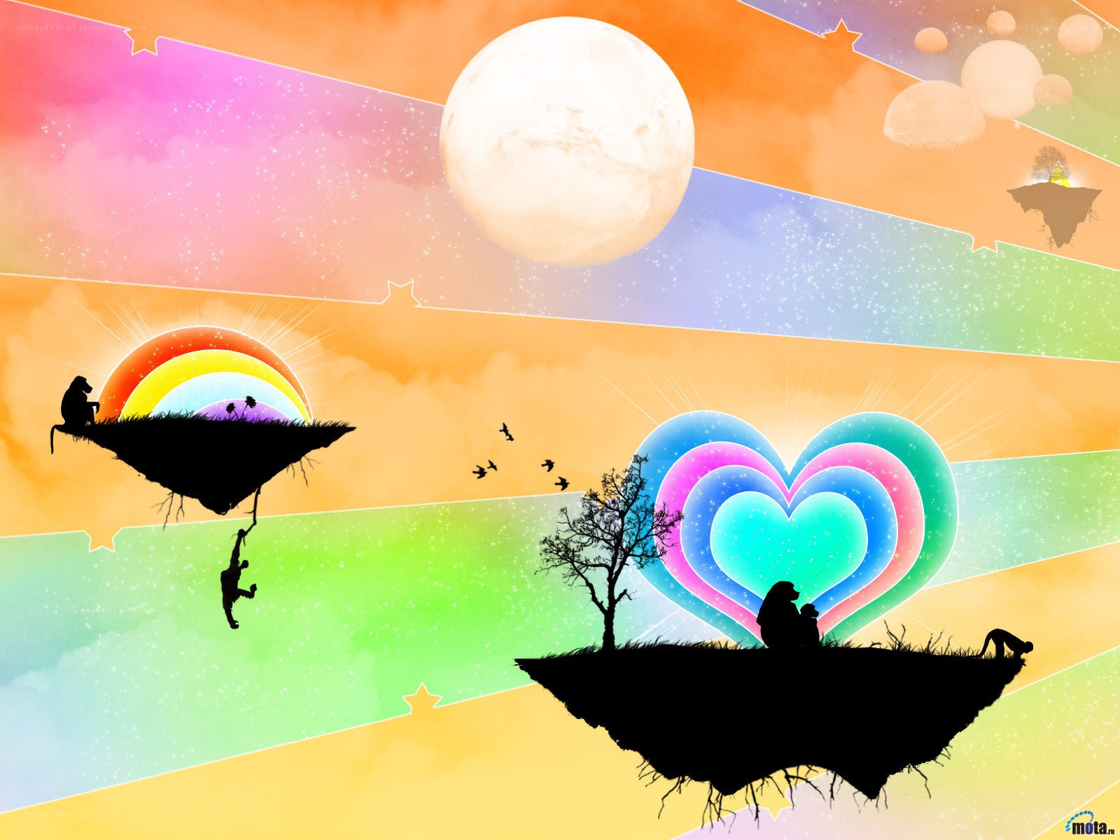 floating islands with heart and moon