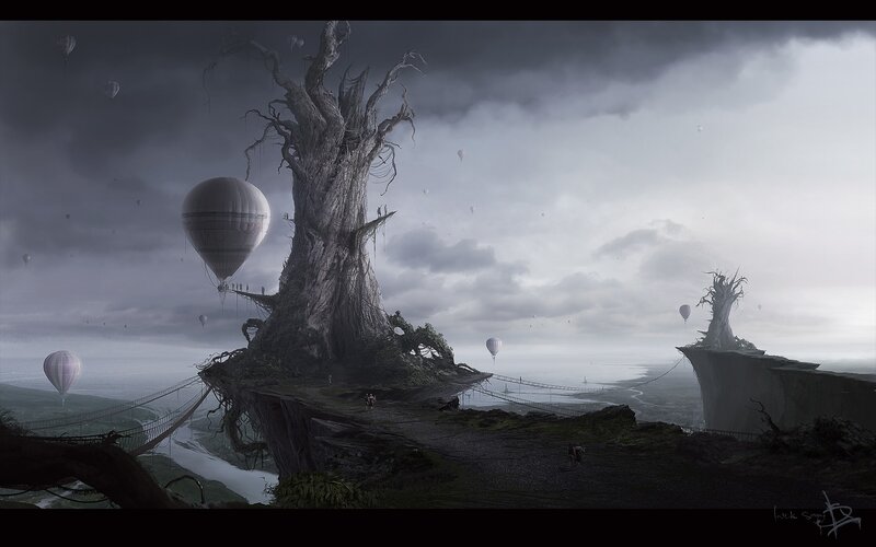 Floating islands with hot air balloons