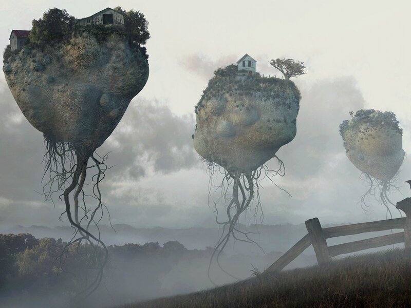 Floating Islands with Houses — Gray
