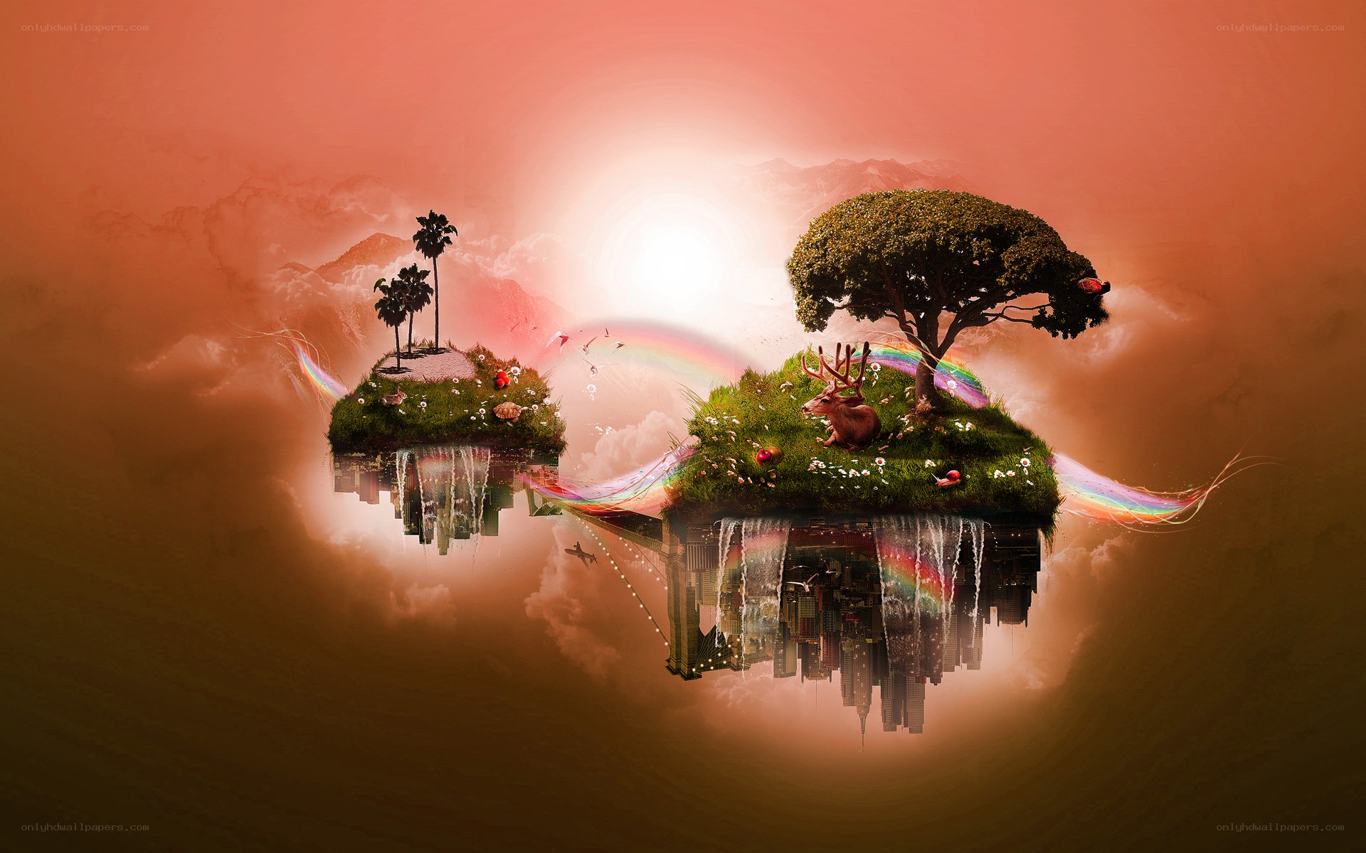 floating islands with rainbows
