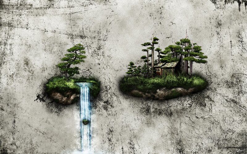 Floating Islands with Waterfall — Green, Serene