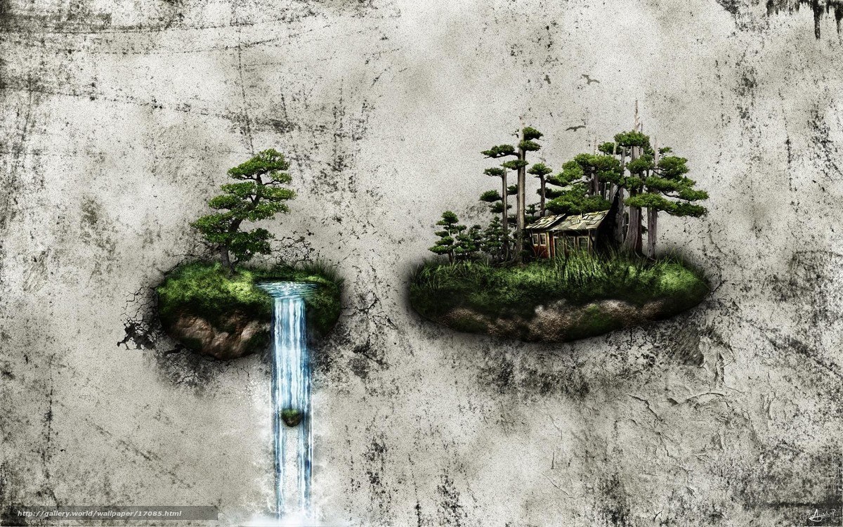 Floating islands with waterfall