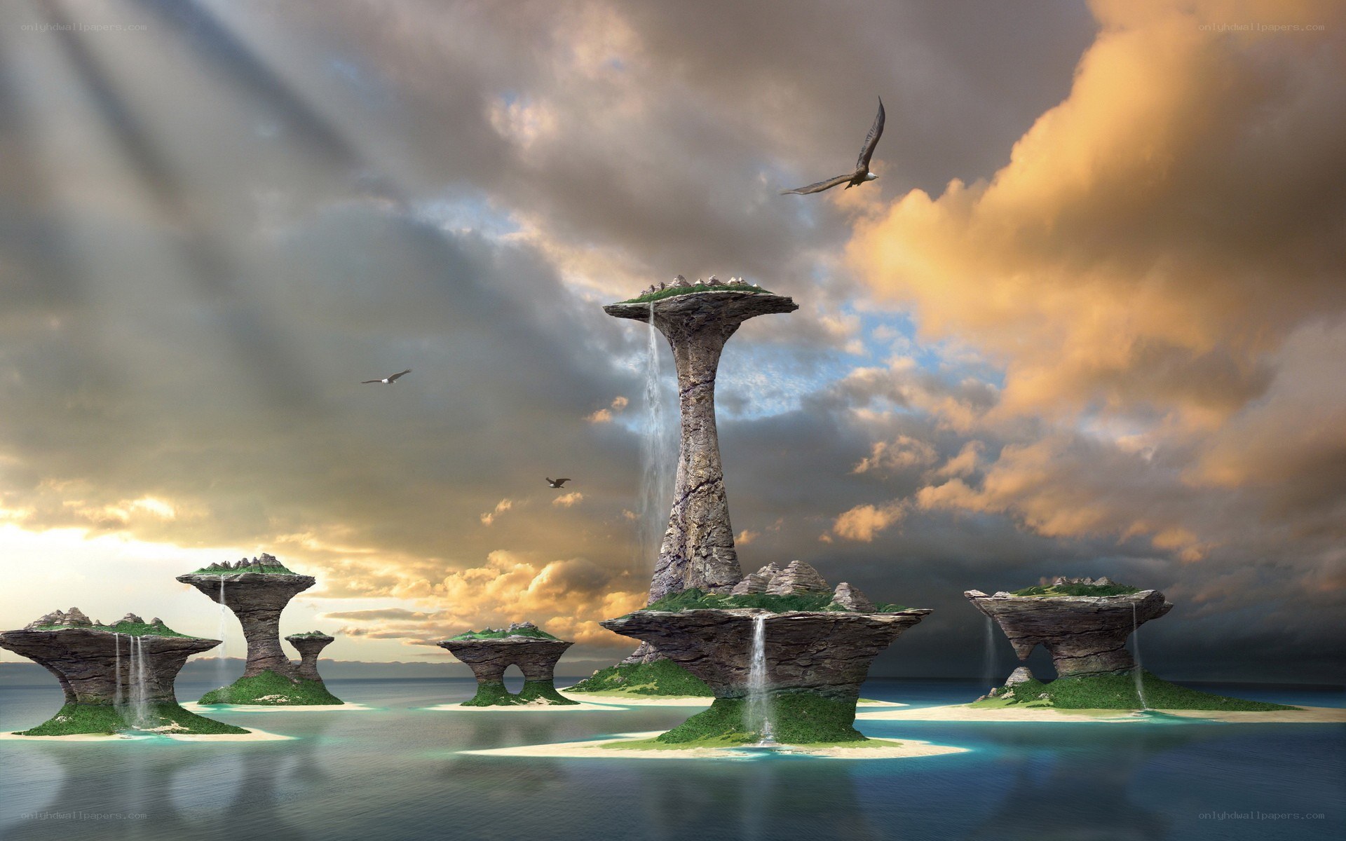 Floating islands with waterfalls