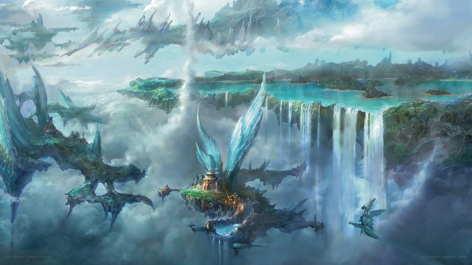 floating islands with waterfalls