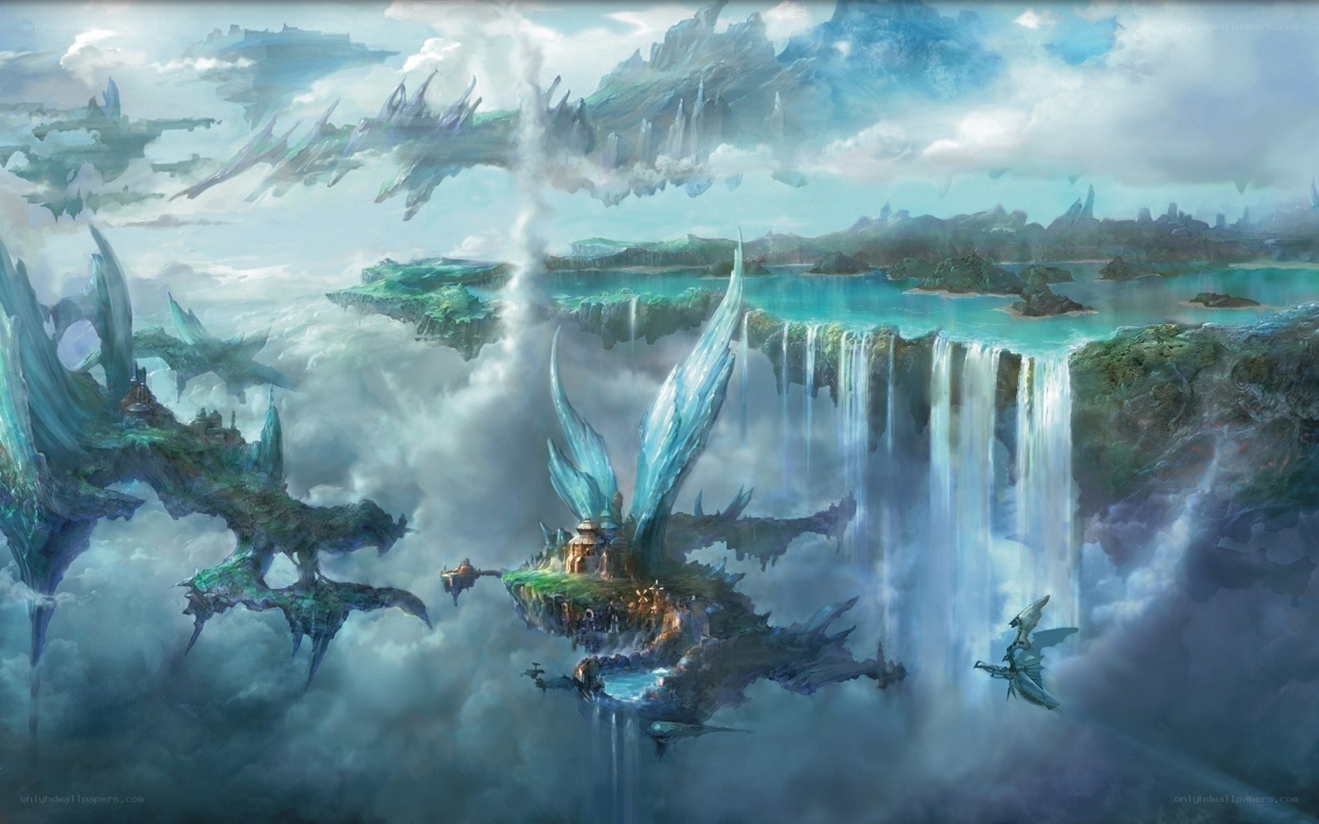floating islands with waterfalls