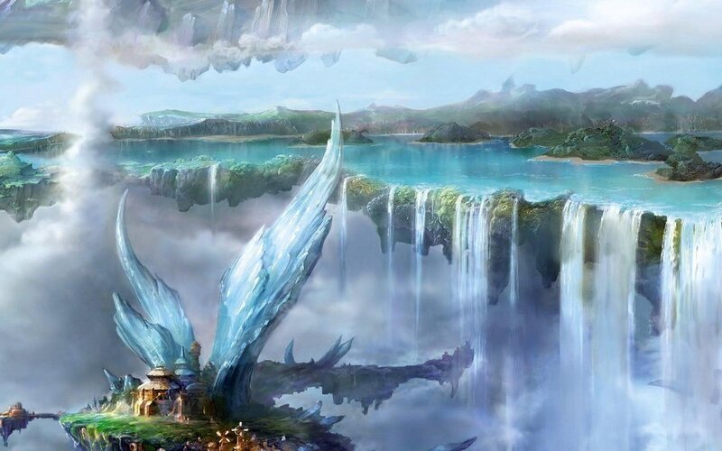 floating islands with waterfalls