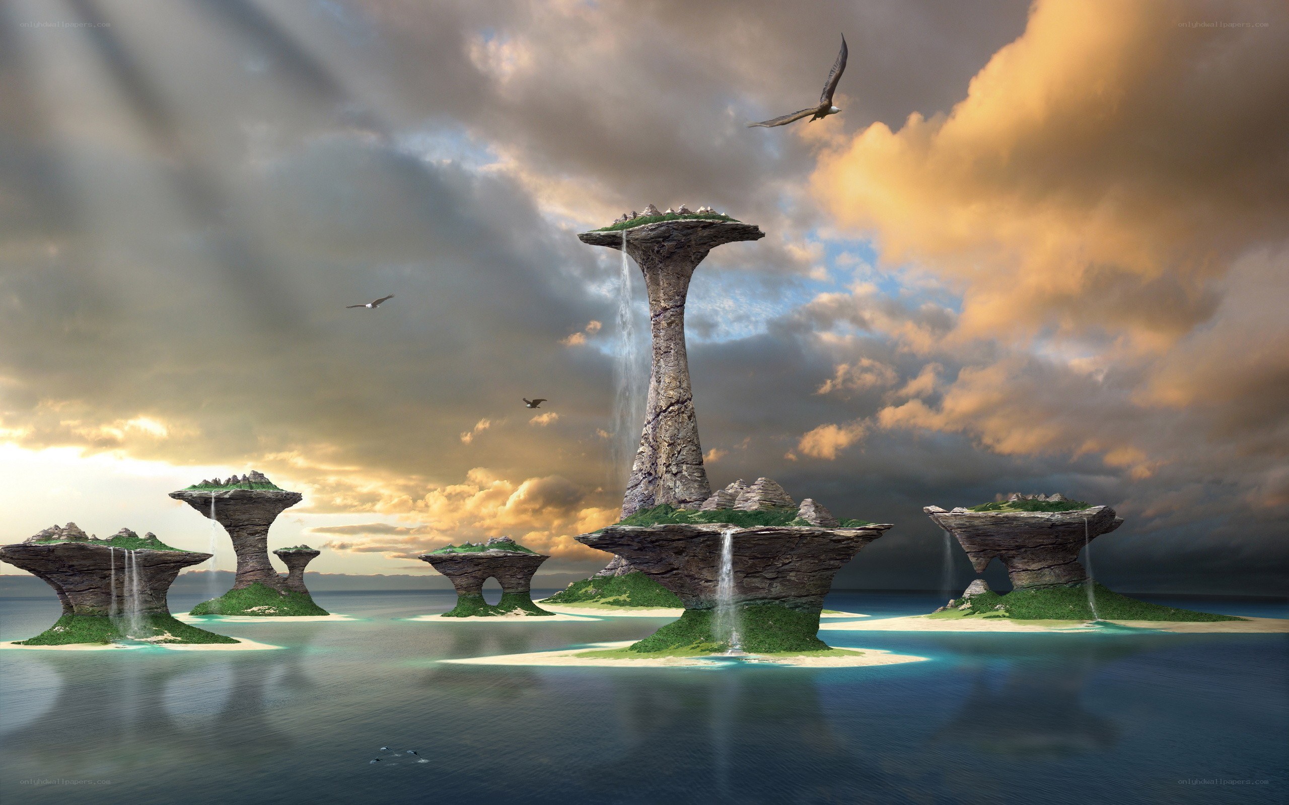 Floating islands with waterfalls