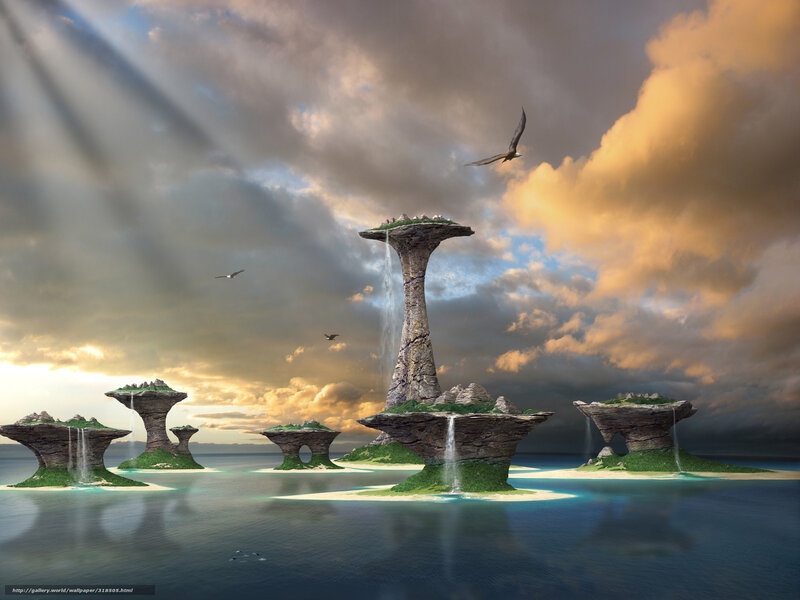 Floating Islands with Waterfalls — Blue, Dramatic, Sunset, Digital Art