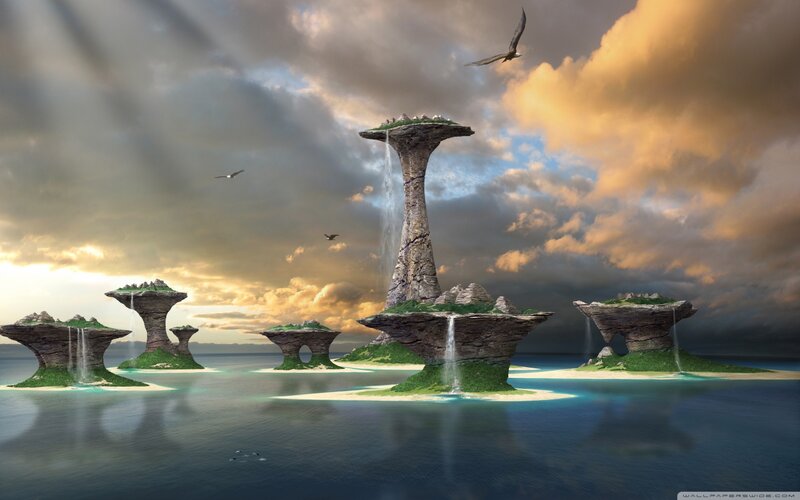 Floating Islands with Waterfalls — Blue, Dramatic, Sunset