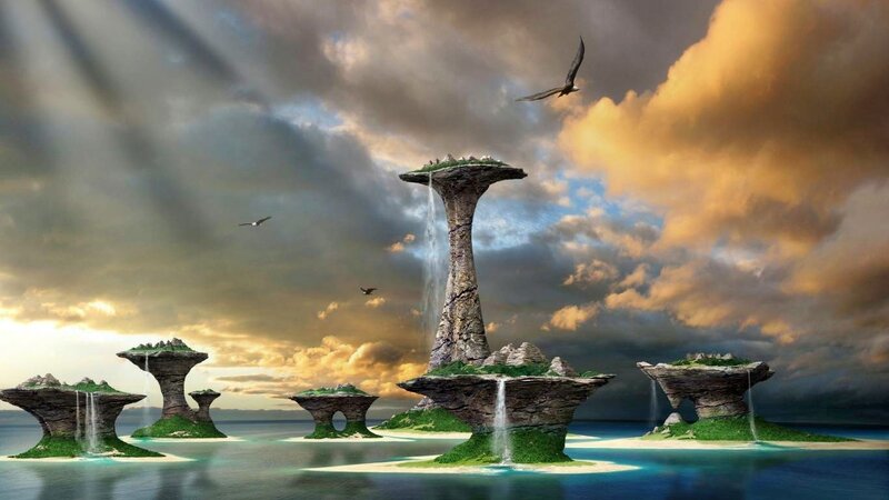 Floating Islands with Waterfalls — Blue, Dramatic