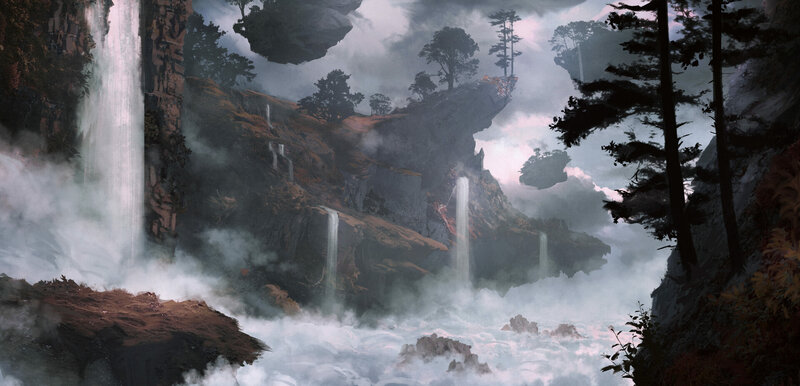 Floating Islands with Waterfalls — Gray, Dramatic