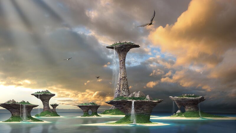 Floating Islands with Waterfalls — Gray