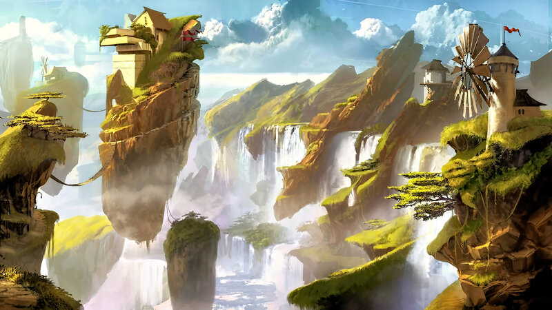 Floating Islands with Waterfalls — Green, Serene