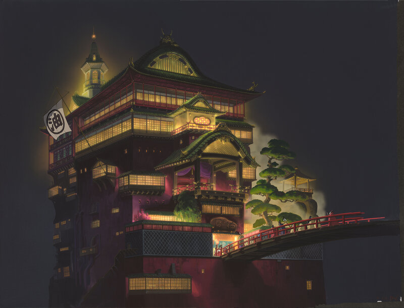 Floating Japanese building at night