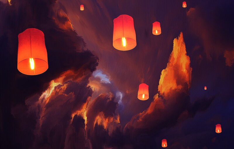 Floating Lanterns at Night — Red