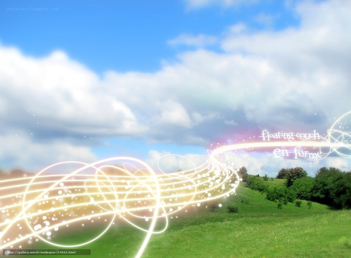 Floating light trails over green hills