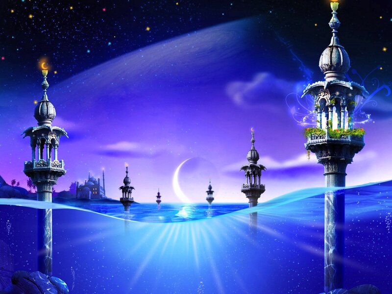 Floating Minarets in Water — Blue, Serene, Night