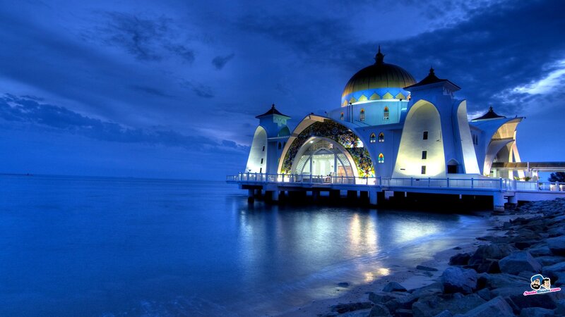 Floating mosque at dusk