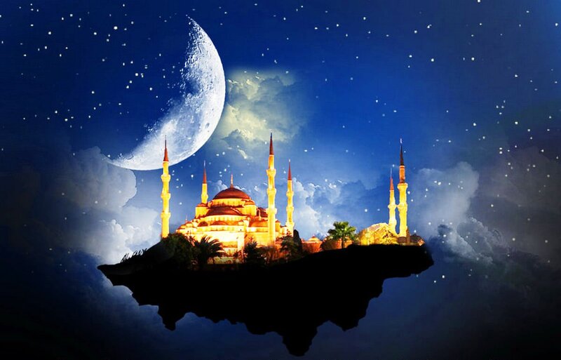 Floating Mosque at Night — Blue