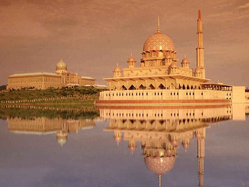 Floating mosque at sunset