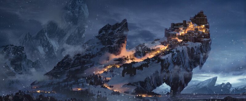 Floating Mountain City — Blue, Dramatic