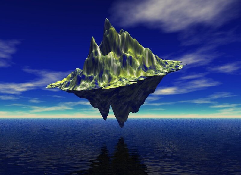 Floating mountain over ocean